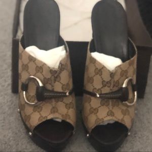 GUCCI GG Canvas Wood Mule Heel Sandals size 41